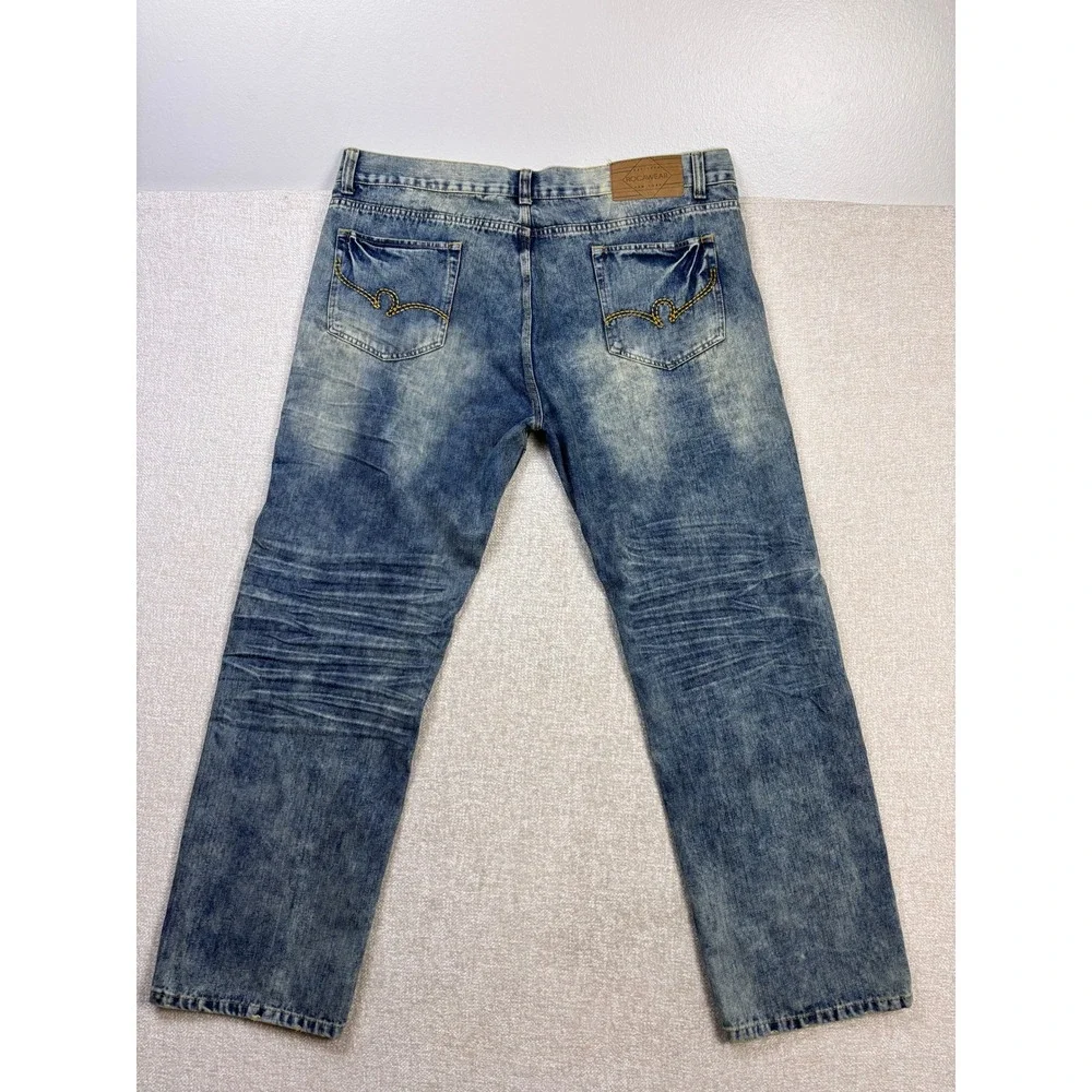 Rocawear Classic Fit Distressed Ripped Blue Denim Jeans Mens 46x32 Streetwear